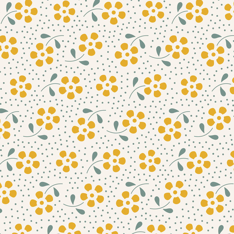 Tilda Basic Meadows Yellow quilt fabric with small yellow flowers on a milky white background