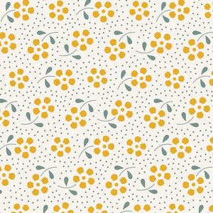 Tilda Basic Meadows Yellow quilt fabric with small yellow flowers on a milky white background