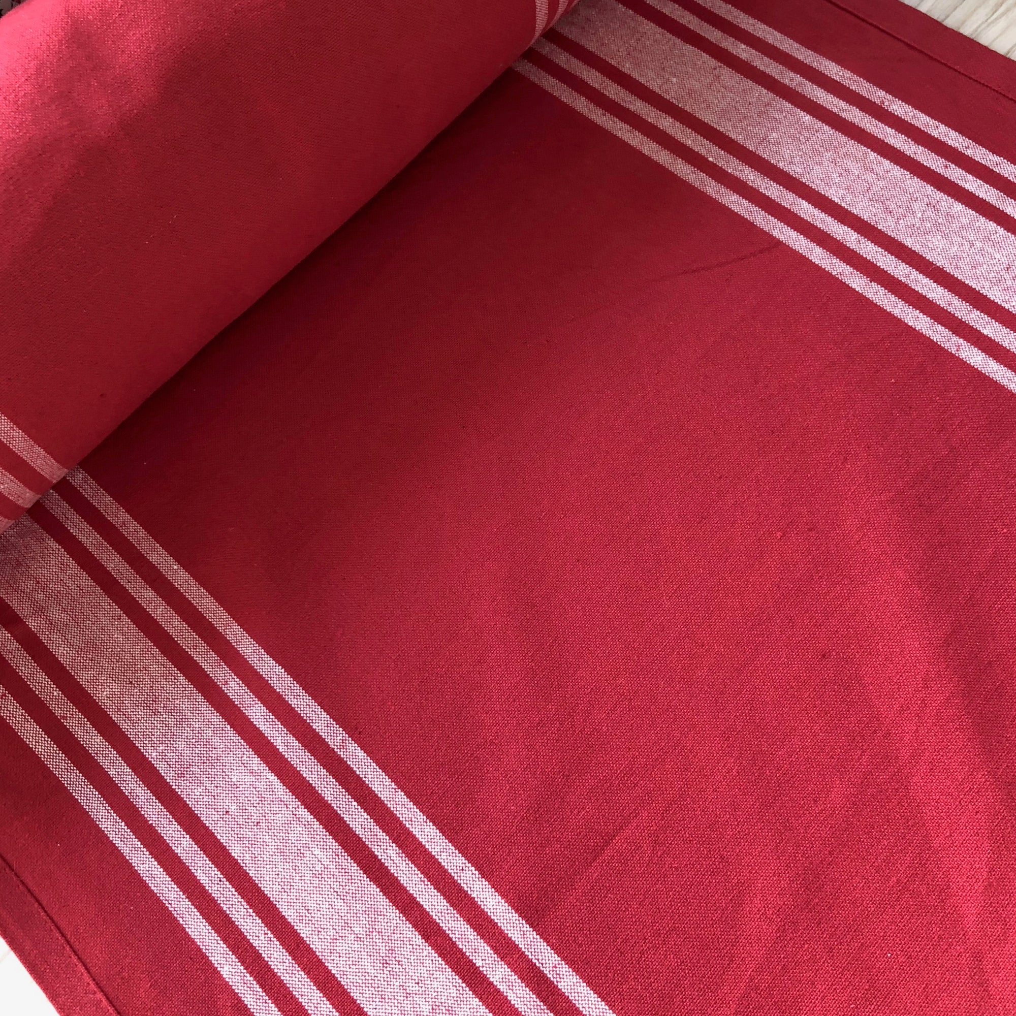 Farmhouse Toweling Border Stripe White on Red