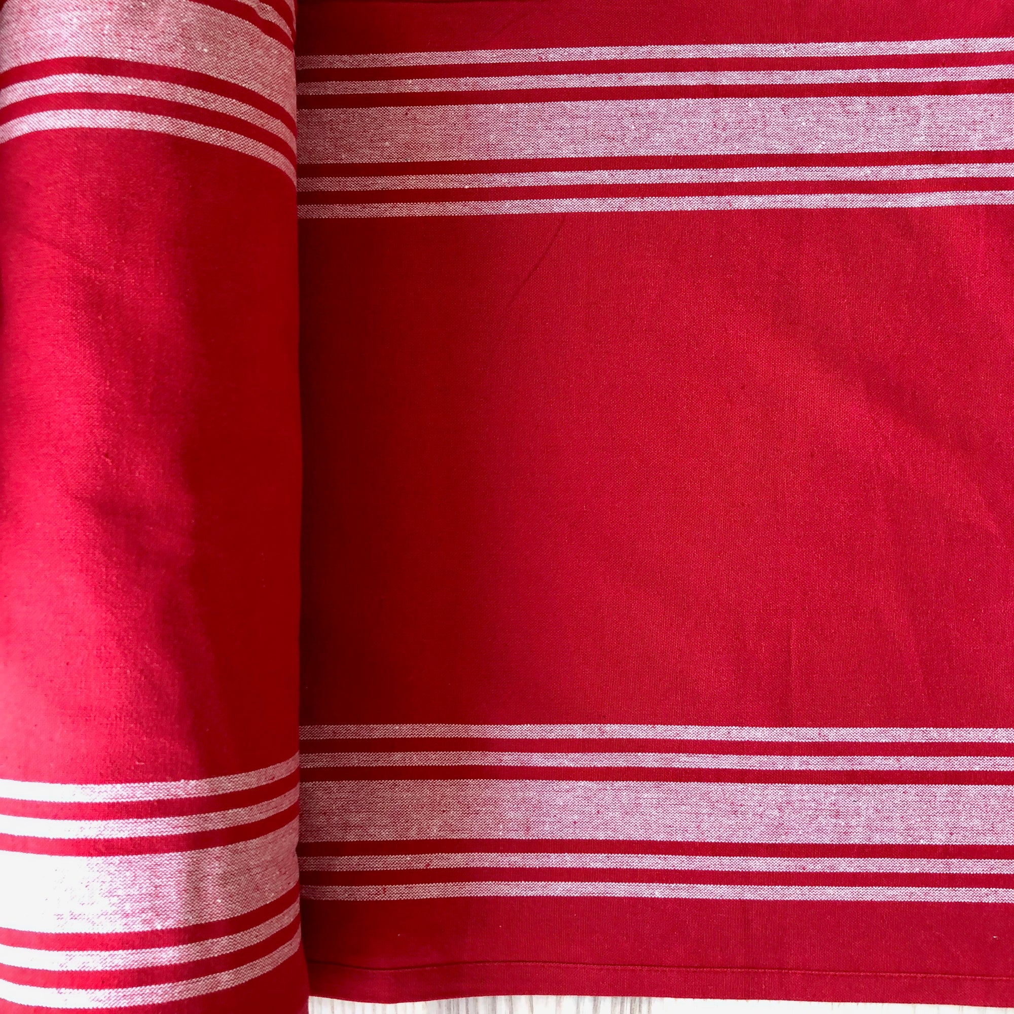 Farmhouse Toweling Border Stripe White on Red